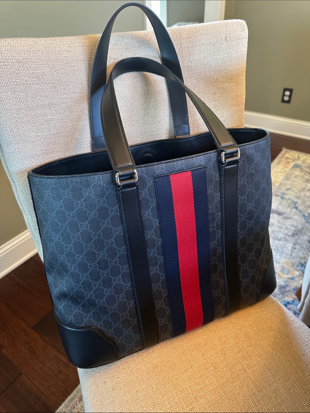 Gucci Navy & Black Monogram Leather Tote with Red and Blue Web